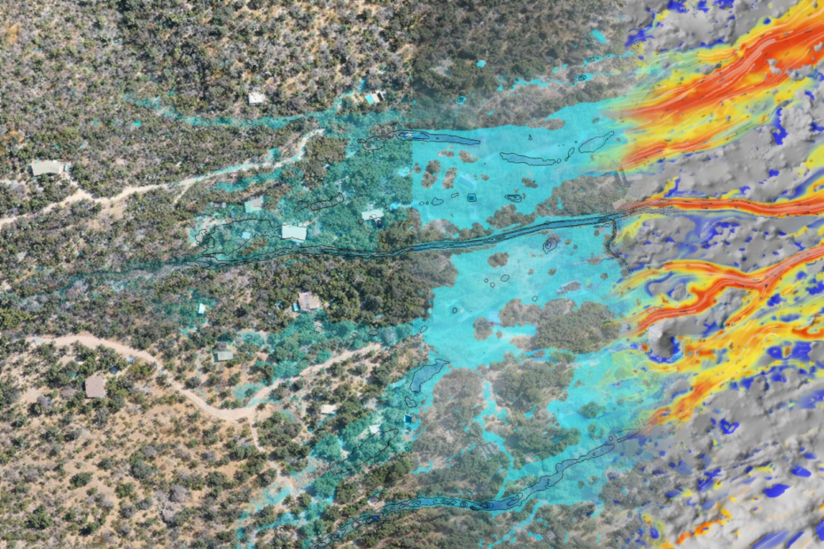 Evaluación de inundación en terreno con superposición de mapas de amenaza y susceptibilidad en paisaje chileno.