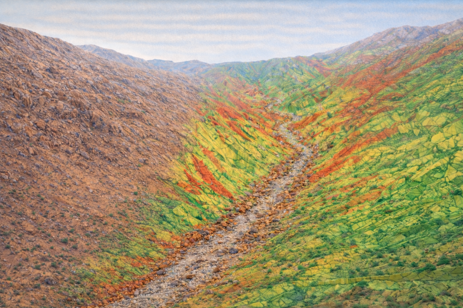 Mapa de susceptibilidad a remociones en masa integrado con relieve real de una quebrada en Chile, mostrando zonas con distinto grado de peligrosidad.