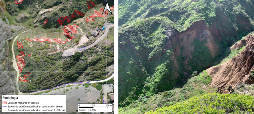 Vista aérea del sector costero de Pupuya, Navidad, mostrando dunas, planicie arenosa y borde marino, área evaluada en estudio de peligros geológicos